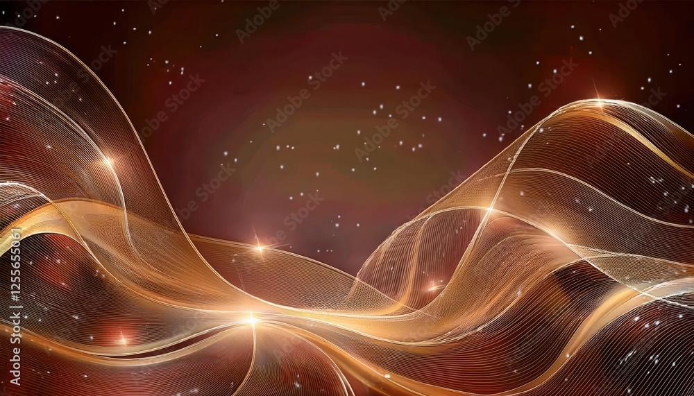 Poster flowing golden abstract wave pattern with luminous dots on dark background, perfect for digital art or design themes