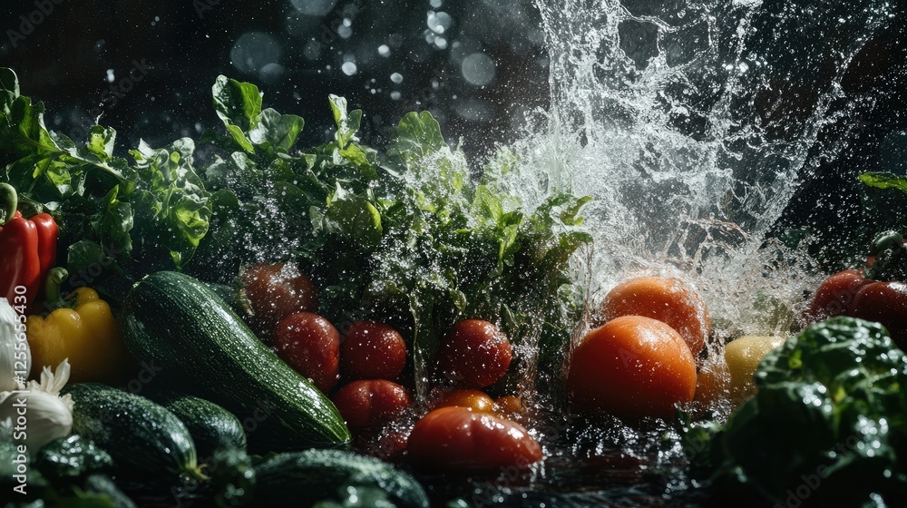 Poster Fresh vegetables with water splashing around them, creating a refreshing and vibrant scene of healthy produce in motion