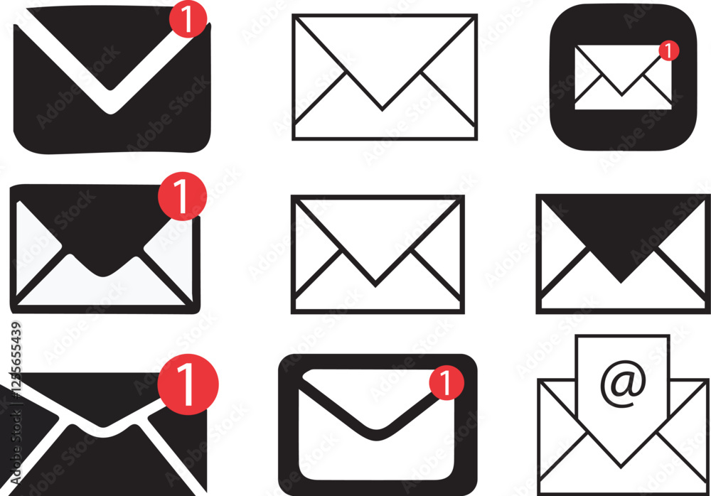 Poster set of black and white message icons. or electronic mail. message symbols for apps, web and user int