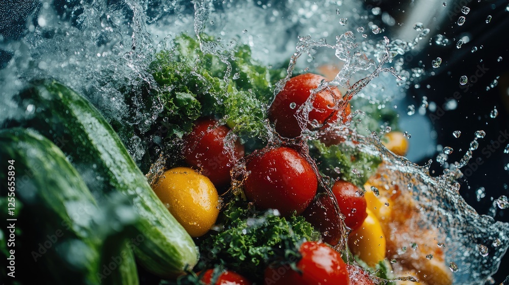 Poster Fresh vegetables with water splashing around them, creating a refreshing and vibrant scene of healthy produce in motion