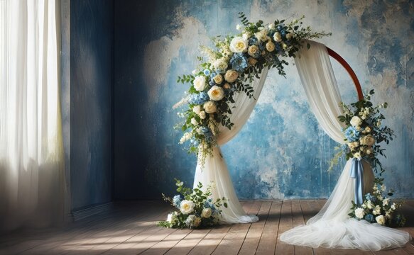 Elegant wedding arch with white drapery and blue and white floral arrangement, mockup wedding arch 