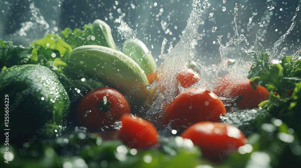 Poster Fresh vegetables with water splashing dramatically around them, creating a dynamic and vibrant scene of natural freshness