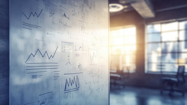 A whiteboard filled with neatly drawn flowcharts and diagrams, symbolizing strategic planning in a business setting