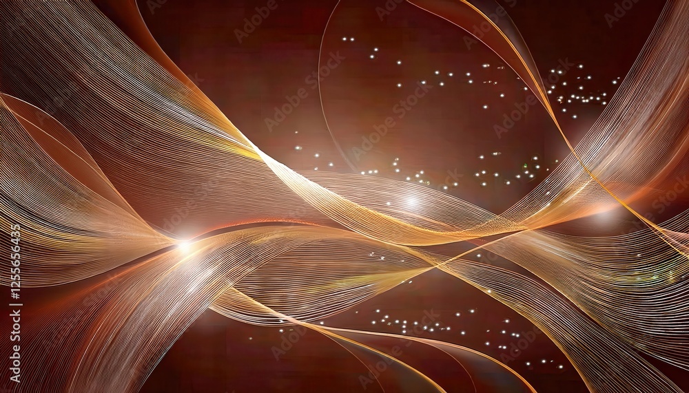 Poster flowing golden abstract wave pattern with luminous dots on dark background, perfect for digital art or design themes