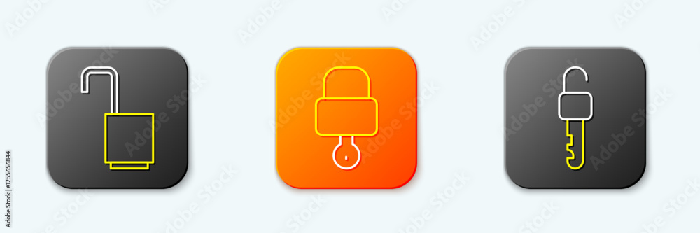 Poster set line open padlock, lock and key and unlocked icon. vector