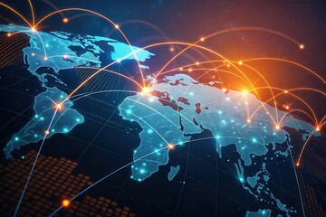 A digital world map illustrating global connectivity with glowing network lines representing data flow across continents.