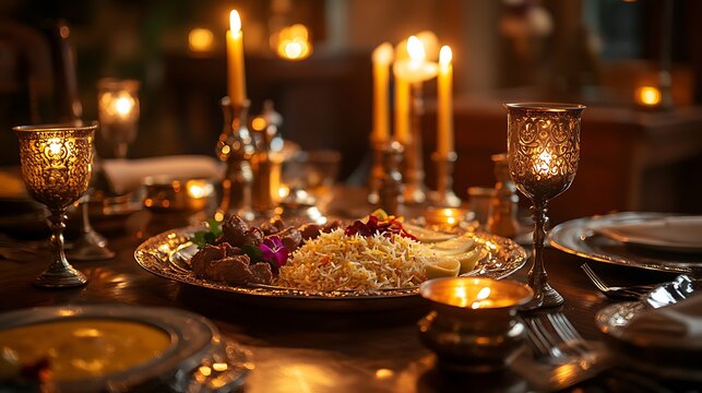 A luxurious Nawabi thali plated in antique silverware, featuring slow-cooked Hyderabadi biryani, rich lamb korma, sheermal, saffron-infused phirni, dry fruits, and gold-leaf garnishes,