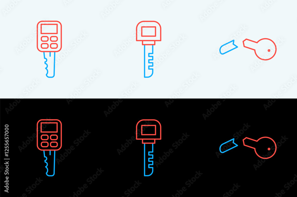Poster set line broken key, car with remote and key icon. vector