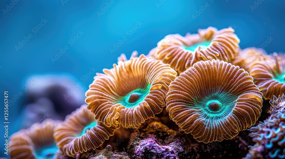 Poster coral reefs microscopic concept. vibrant coral reef with colorful corals in a serene underwater sett