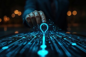 business leader showcasing digital roadmap with glowing pointer, emphasizing innovation and technology in modern setting