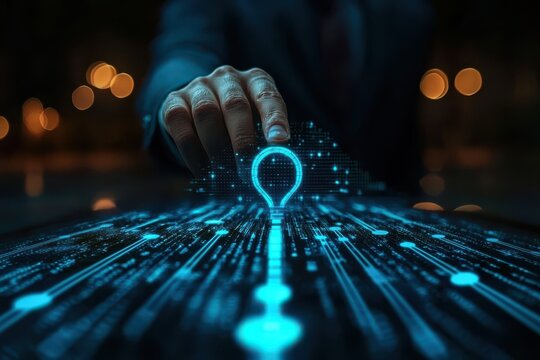 business leader showcasing digital roadmap with glowing pointer, emphasizing innovation and technology in modern setting