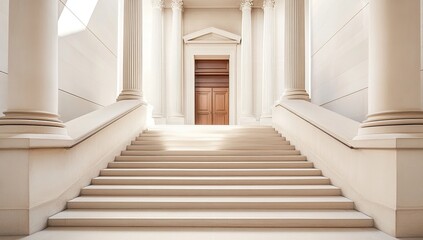 Fototapeta premium Ascending the Grand Staircase: Steps Leading to a Classical Wooden Door, Illuminated by Sunlight, Exuding Serenity and Timeless Elegance.