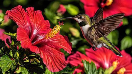 Naklejka premium Hummingbird hovering near vibrant red hibiscus flowers in a lush garden setting