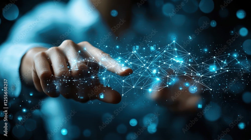 Aufkleber digital technology concept with hand reaching out to connect data points, symbolizing innovation and
