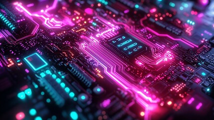 Obraz premium Futuristic circuit board with glowing neon lines and microchips.