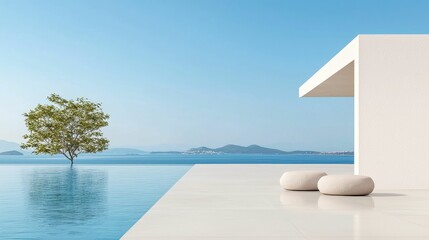 A serene coastal scene featuring a minimalist structure, a solitary tree, and tranquil water under a clear blue sky.