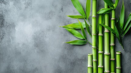 Naklejka premium Lush green bamboo stems with crisp leaves arranged on a smooth gray background, bringing a sense of serenity and modern elegance