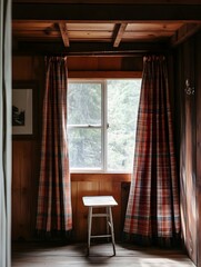 A wooden lodge with plaid curtains, a small vintage side table, and a white frame above.