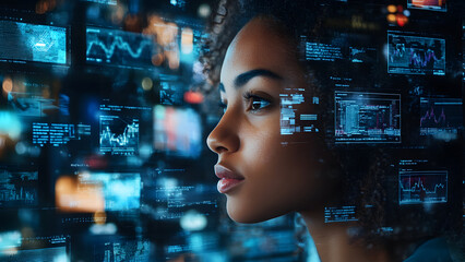Woman observing multiple television screens displaying a virtual meeting with participants engaged in discussion