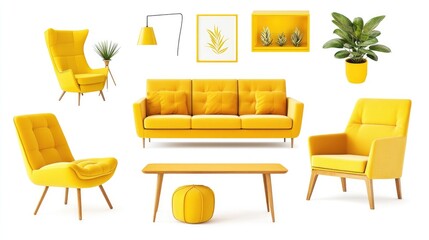 collection of yellow modern furniture items including a sofa, chair, planter, table, lamp isolated on a white background for interior design