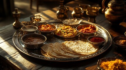 A royal Rajasthani thali, featuring dal baati churma, gatte ki sabzi, ker sangri, bajra roti, and rich makhan, plated on a large silver thali, authentic textures, warm golden glow,