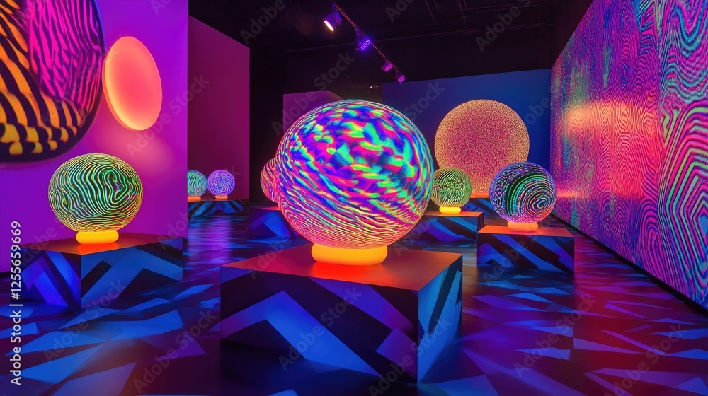 Poster neon-colored luminous spheres placed on geometric platforms, creating an artistic high-contrast imag