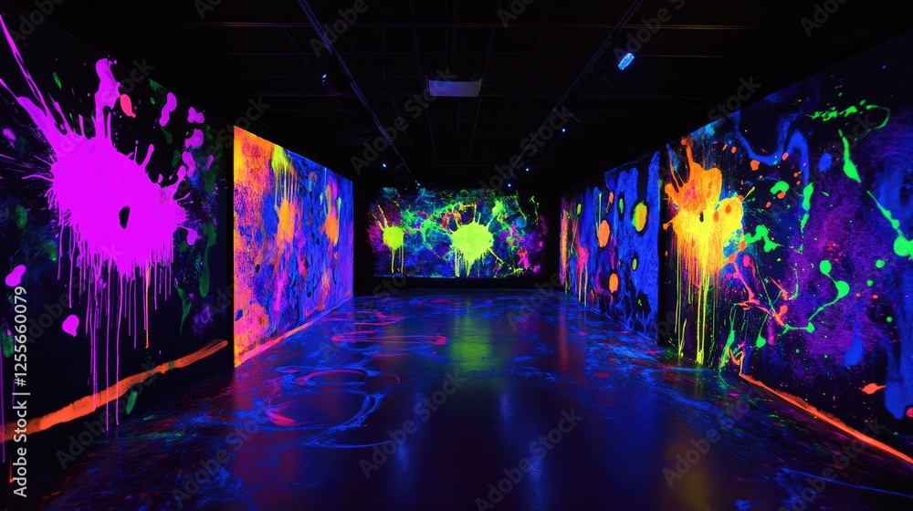 Aufkleber Neon-colored paint splashes illuminated by blacklight, creating an otherworldly glow and an abstract, vibrant effect in a dark space