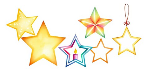 Fototapeta premium Colorful Star Shapes Festive Holiday Decorations Christmas Ornaments Winter Design Elements