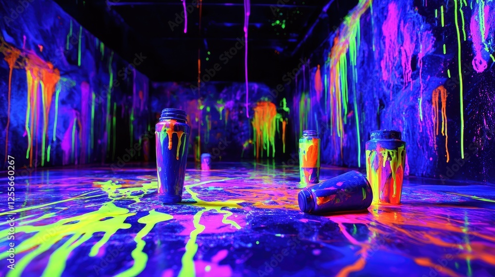 Poster neon-colored paint splashes illuminated by blacklight, glowing with intensity, creating an electrify