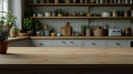 Wooden Tabletop in a Rustic Kitchen Setting