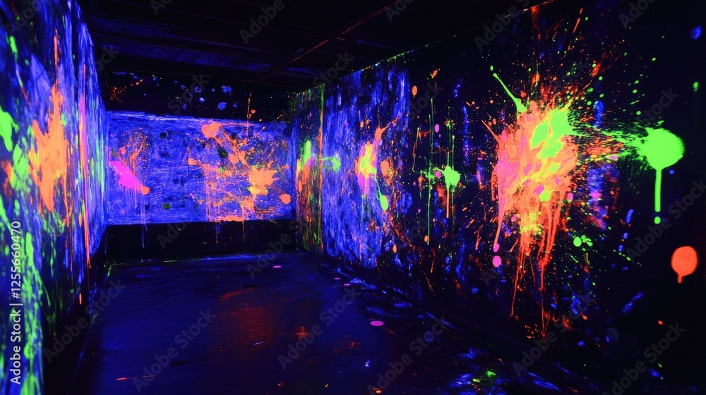 Poster neon-colored paint splashes illuminated by blacklight, glowing with intensity, creating an electrify
