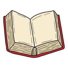 Hand drawn cartoon open book on white background.
