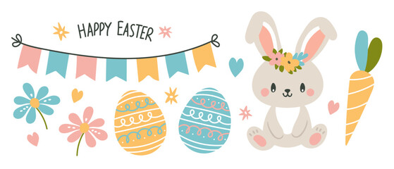 Easter clip art set. Cute Easter Bunny with floral crown, decorated eggs, flowers, carrot and festive banner with the text Happy Easter. Vector illustration of Easter symbols on white background.