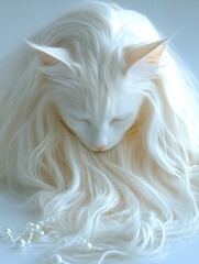 Naklejka premium Take note of a calm cat portrayed in flawless definition, resting effortlessly on a bright white surface void of dark outlines. By employing sharp focus and high contrast, the cat’s fur texture 