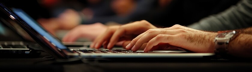Fototapeta premium Close up of hands typing on laptops during collaborative session, showcasing teamwork and focus in modern workspace