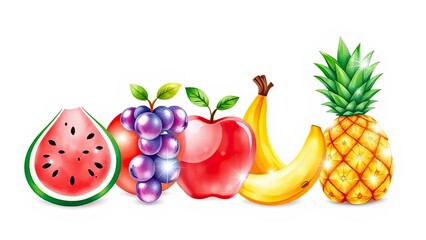 Shiny Fruit Still Life Watermelon Grapes Apple Banana Pineapple