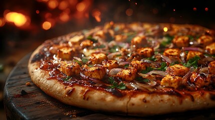 A sizzling paneer tikka pizza fresh out of a wood-fired oven, topped with spicy marinated paneer, crispy onions, and vibrant green chutney drizzle, golden-brown crust with a hint of char,