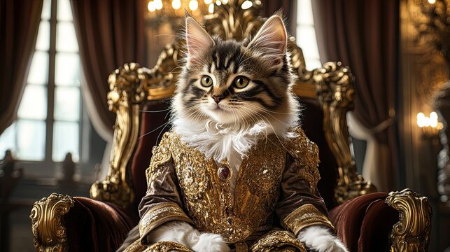 A cat is dressed in a fancy outfit and sitting on a chair