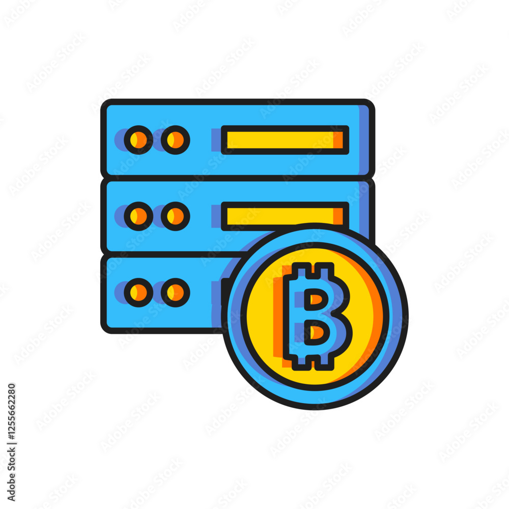Poster color server bitcoin icon isolated on white background. flat filled outline style with shadow. vecto