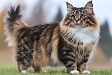 Obraz premium Witness a regal cat standing composed on a flawless white setting, with shadows meticulously removed by thoughtful lighting. The cat’s refined stance and inquisitive eyes are sharpened by crisp 