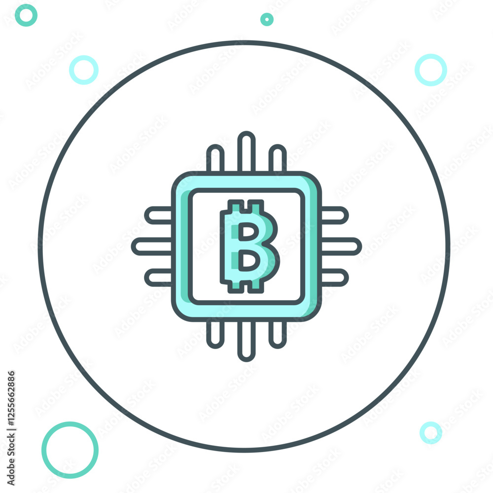 Poster line cpu mining farm icon isolated on white background. bitcoin sign inside processor. cryptocurrenc