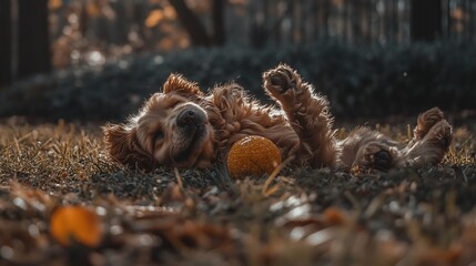 Obraz premium Happy golden retriever resting in autumn park with toy