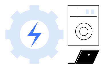 Gear with lightning bolt, washing machine icon, and laptop image. Ideal for energy efficiency, automation, smart home, sustainability, environmental impact, advanced technology and innovation