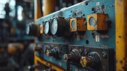 Close up of industrial monitoring equipment with gauges