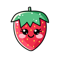 Obraz premium Kawaii strawberry fruit character. Smiling fruit face for children, kids. Sweet cute illustration for kids isolated on white background