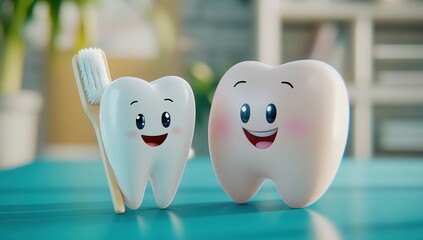 Obraz premium Happy Teeth Brushing Habits for a Healthy Smile: A Fun Guide to Oral Hygiene with Cute Cartoon Teeth