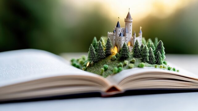 Open book with 3D pop-up castle and trees