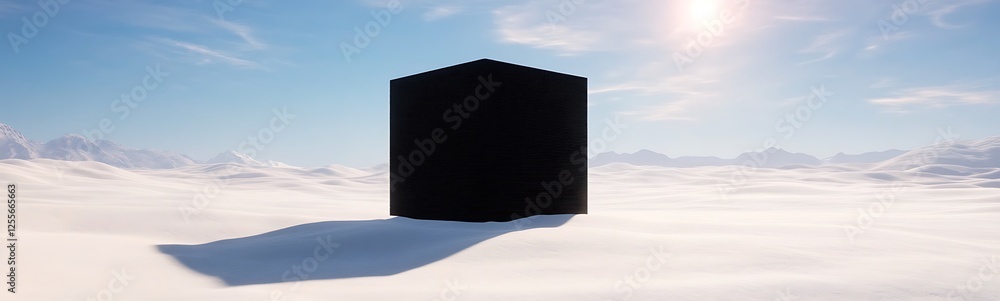 Poster A black cube stands alone in a bright sky, surrounded by a sea of clouds, casting a shadow on the soft white surface.