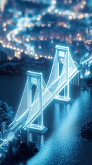 Fototapeta premium Illuminated Bridge at Night Over Water with Cityscape in the Background and Sparkling Lights