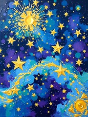 Fototapeta premium A dynamic, bold acrylic painting of a whimsical night sky, where stars burst forth in vibrant colors, 